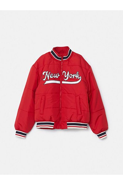 LC Waikiki Red New York Printed - Girl's Bomber Coat