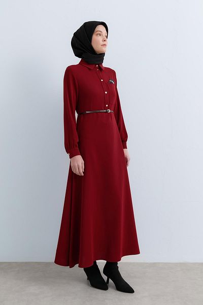 Nihan Burgundy Pocket Hanky ​​A-Neck Dress