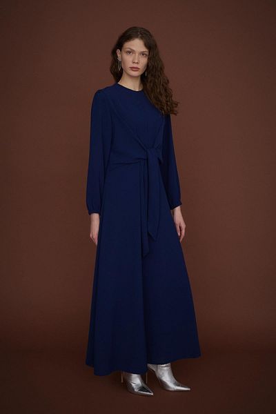 Nihan Stylish Dress with Draped Waist Detail Navy Blue