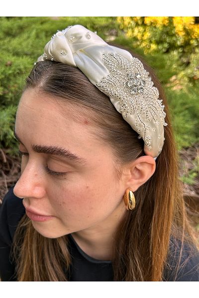 ByMerve Rochie de seară din satin pentru femei, piatră albă, accesorii pentru coroana de păr pentru nuntă