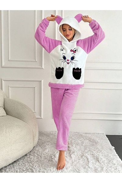 VG BOND MODA Women's Soft Double Pajamas Set with Cat Embroidered Hood and Ears Vg002