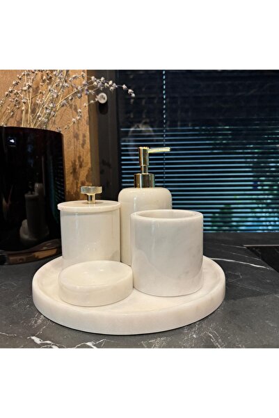 LİSPERA Beyaz Mermer Beşli Banyo Seti ,