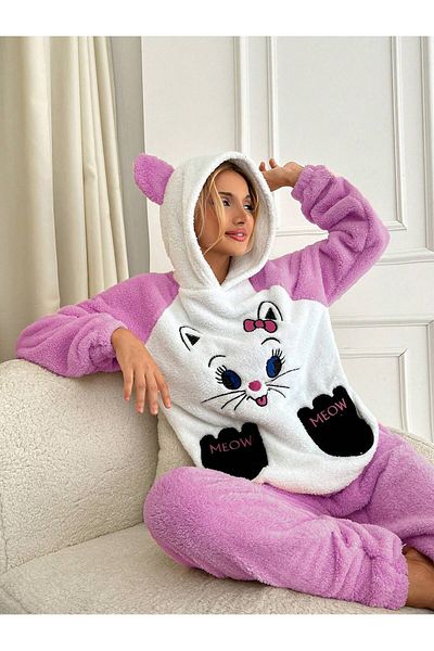VG BOND MODA Women's Soft Double Pajamas Set with Cat Embroidered Hood and Ears Vg002