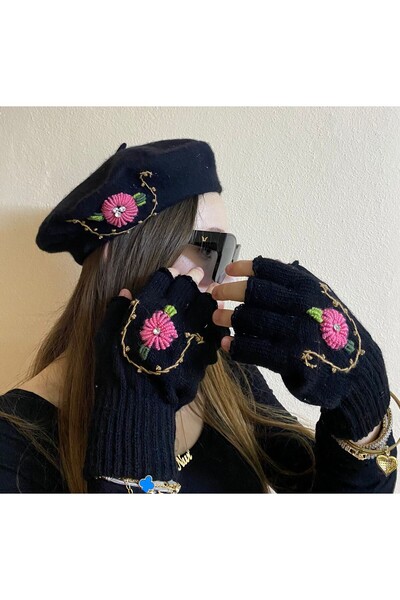 sema aksesuar Valentine's Day Gift Zircon Stone Flower Embroidered Black Painter Beret and Fingerless Gloves Set