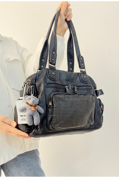 Just Polo Siyah  kadın Çok Bölmeli ithal Yıkamalı Omuz Ve Kol Çantası