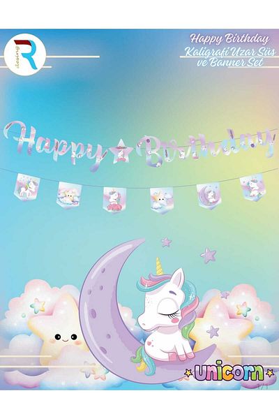 Cadde Süs ΣΥΛΛΟΓΗ ΣΤΟΛΙΣΤΩΝ AHSEN: Σετ καλλιγραφίας Unicorn Happy Birthday χωρίς στολίδια και πανό