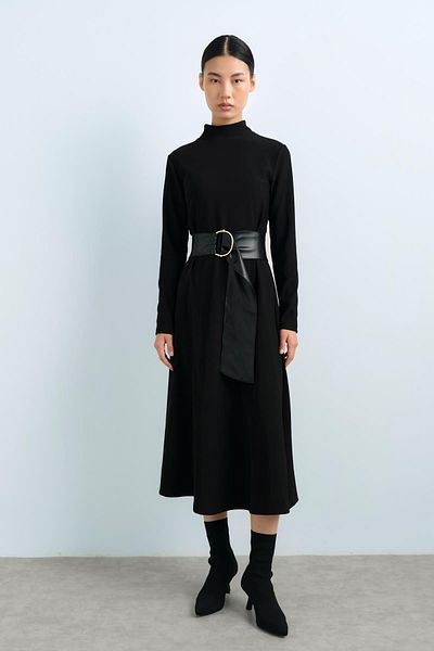 Nihan Belted Mobile Black Knitted Dress