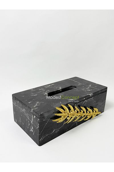 Modestmar Natural Black Marble - Napkin Holder and Tissue Box - Antra with Gold Olive Branch Accessories