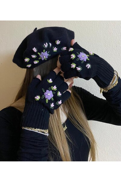 sema aksesuar Zircon Stone Lilac Floral Embroidered Black Painter Beret and Fingerless Gloves Set