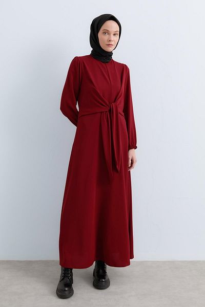 Nihan Stylish Dress with Draped Waist Detail Burgundy