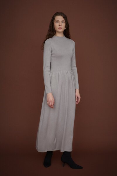 Nihan Beli Büzgülü Sıfır Yaka Triko Elbise Gri