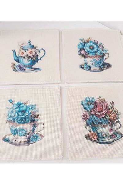 Goblen Atölyesi 20*20 cm etamin kumaşa mavi fincanlar ipli baskı