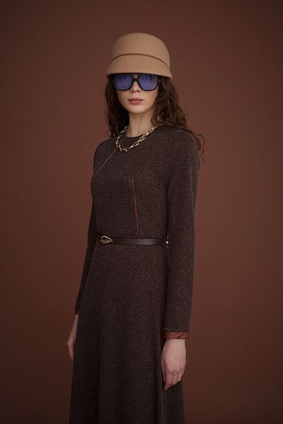 Nihan Brown Knitted Dress - Belt Detail