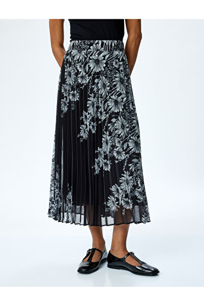 Koton Standart Bel Astarlı Uzun Pileli Çiçekli Etek