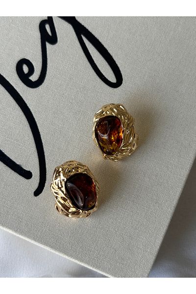 ringbox Gold Patterned Brown Stone Earrings