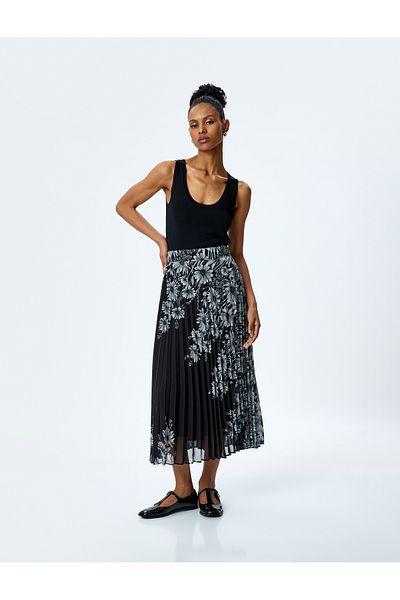 Koton Standard Waist Lined Long Pleated Floral Skirt