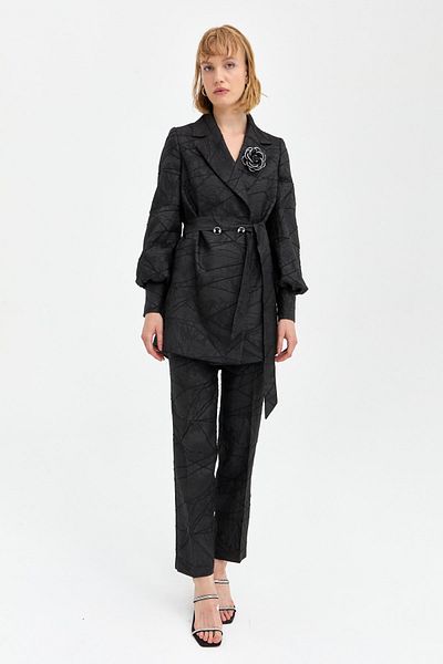 Nihan Black Trousers with Jacquard Stone Accessories - Jacket Set