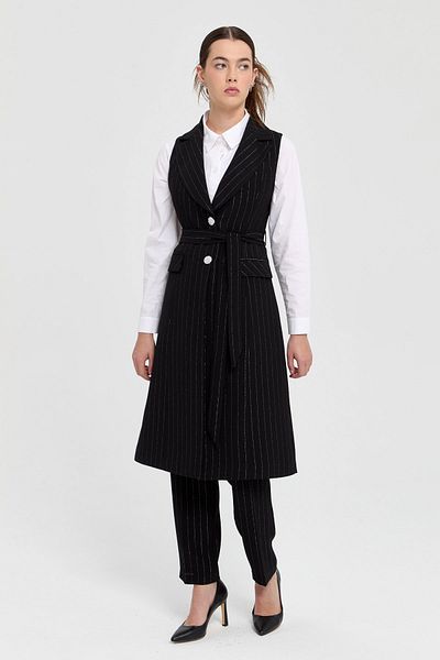 Nihan Black Stone Buttoned Striped Vest & Pants Set