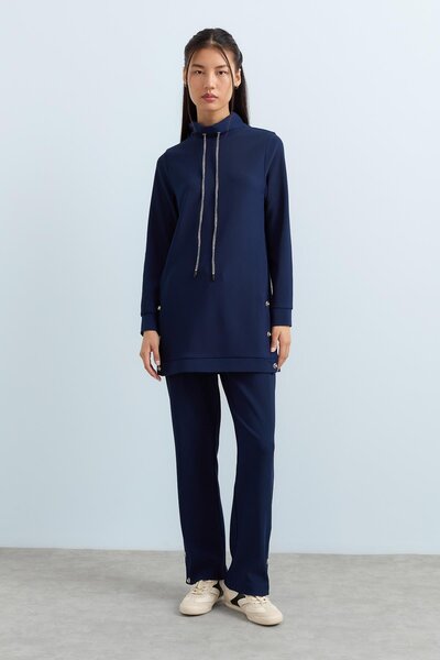 Nihan Taşlı Düğme Detaylı Dik Yaka Örme Pantolon Tunik Takım Lacivert