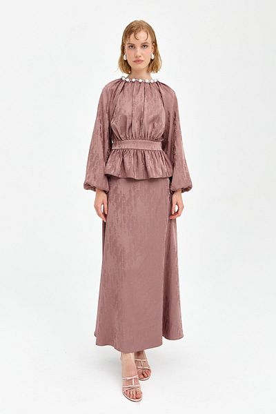 Nihan Beige Pearl Stone Detailed Skirt Blouse and Evening Dress Set