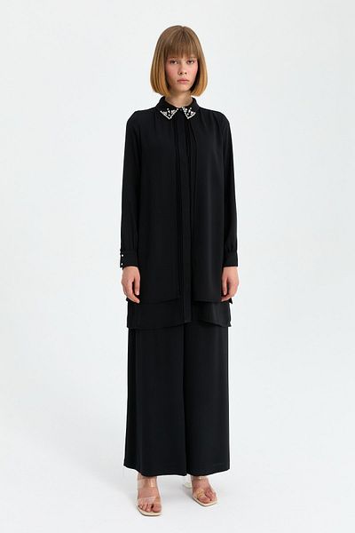 Nihan Ribbed and Stone Detailed Trousers Tunic Suit Black