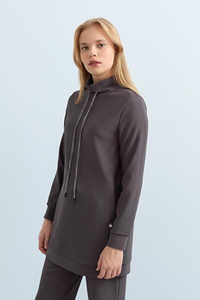 Nihan Taşlı Düğme Detaylı Dik Yaka Örme Pantolon Tunik Takım Füme