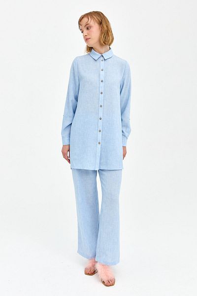 Nihan Light Blue Natural Fabric Trousers Tunic Suit