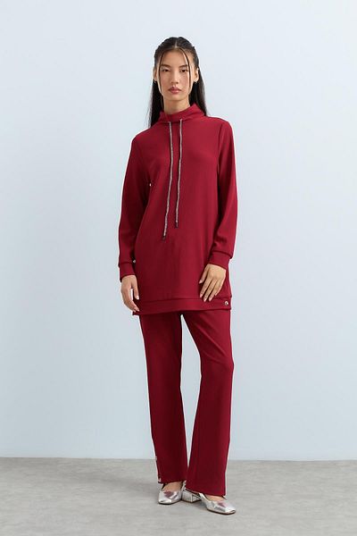 Nihan Set de pantaloni tricotați cu guler în picioare cu nasturi cu pietre, tunică, roșu claret