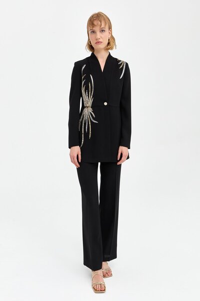 Nihan Taş Detaylı Pantolon Ceket Şık Takım Siyah