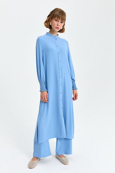 Nihan Comfortable Pants Tunic Set - Light Blue, Elastic Sleeves