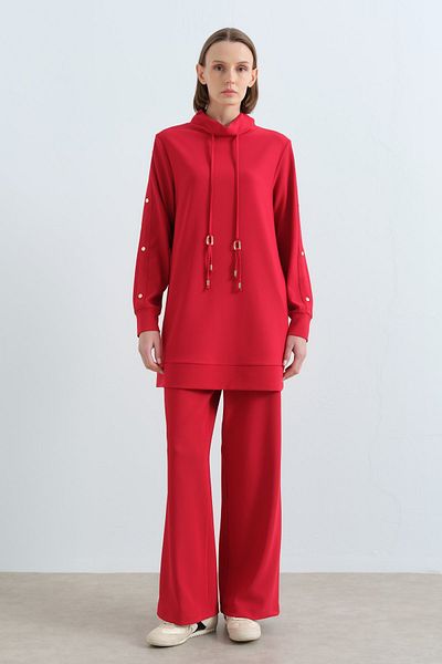 Nihan Red Çakmayrı Detailed Knitted Trousers Tunic Suit