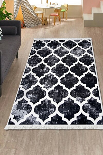Dijidekor Digital Fringed Carpet Modern Designed Black Color Erasable 60X650