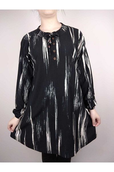 YAŞAR TRİKO Women's Black Lace-Up Neckline Buttoned Long Sleeve Sleeve Ankle Elastic Ribbed Oval Hem Tunic