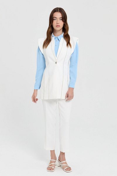 Nihan Stylish Suit Ecru Stone Detailed Vest Trousers