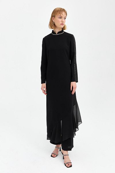 Nihan Black Flounce Detailed Trousers Tunic Suit