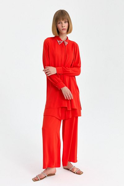 Nihan Ribbed and Stone Detailed Trousers Tunic Suit Coral