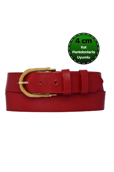 GoDeri Red Women's Boots - 100% Genuine Leather, Gold Buckle, Sports Belt 4 cm