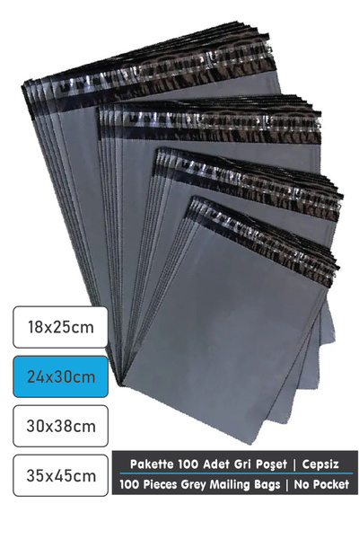 PackMai 24x30 Cepsiz, Gri Kargo Poşeti (100'LÜ PAKET) – Suya Dayanıklı E-ticaret Ambalaj Poşeti