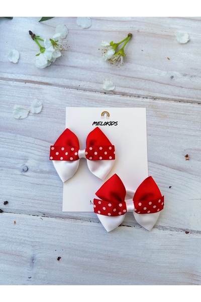 MeloKids 2 Pieces Red and White Polka Dot Ribbon Hair Clip - Elastic