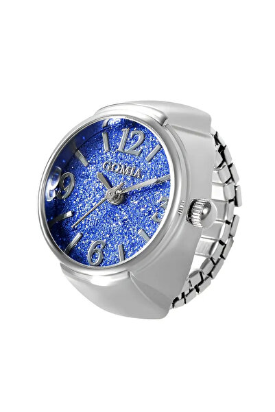 Bozhi ساعة حلقة فضية زرقاء - قرص مذهّب، لون فضي، ساعة إصبع فكرة هدية، ساعة حقيقية