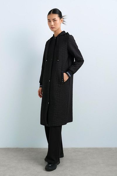 Nihan Thin Quilted Sleeves Ribbed Hooded Cap Black