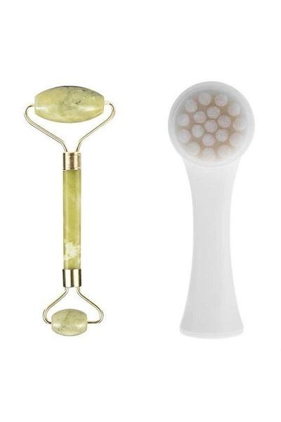Tenda Adshome ®   Set of 2 Double-Sided Skin Cleansing Brush and Jade Stone Double-Sided Skin Massager