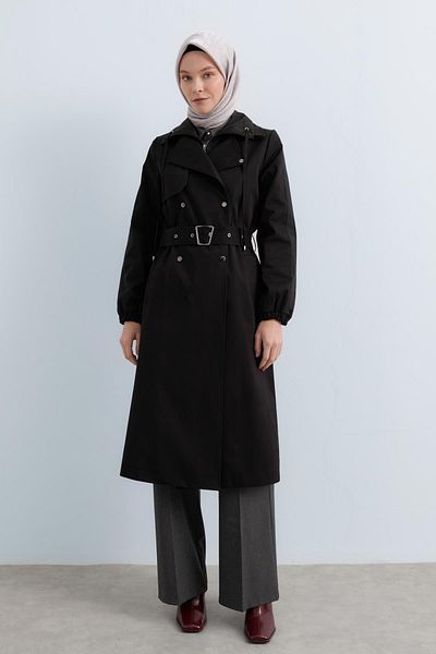 Nihan Black Mixed Double Collar Fabric Trench Coat