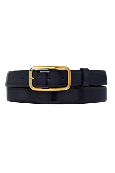 GoDeri %100 Hakiki Deri, 3 Cm Lacivert Rugan Klasik Kadın Kemeri, Business, Kumaş, Takım Kemeri-r50