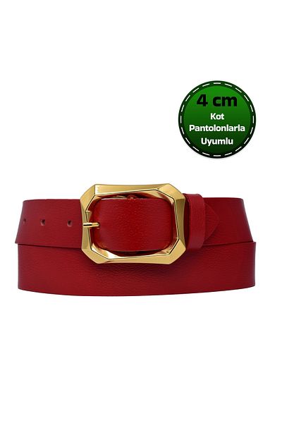 GoDeri 100% Genuine Leather, Gold Buckle Red Women's Jeans, Sports Belt 4 Cm=An-Byn-08