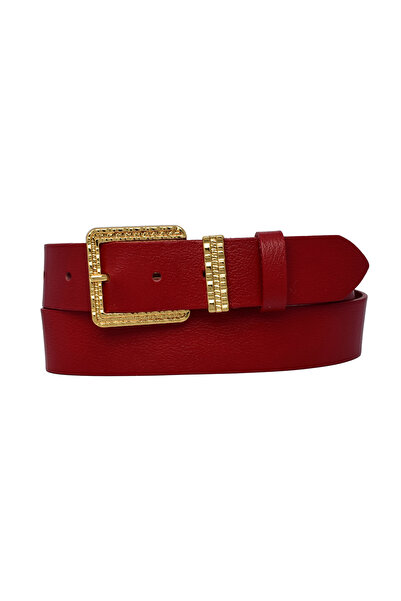 GoDeri %100 Hakiki Deri, Gold Takım Tokalı 4 Cm Kırmızı Kadın Kemeri; Kot, Spor Kemer=an-byn-62.gold.tak