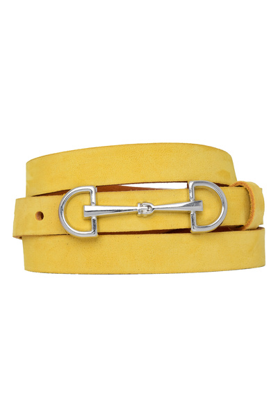 GoDeri 100% Genuine Soft Nubuck Leather, 2 cm Nubuck Yellow Women's Belt; Dress, Pants Belt D&Silver
