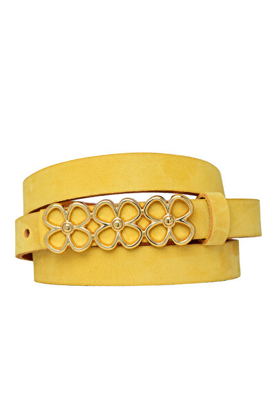 GoDeri Yellow Women's Belt - 100% Genuine Soft Nubuck Leather, Gold Rhine Buckle, 2 Cm, Dress and Pants Belt 3Pair
