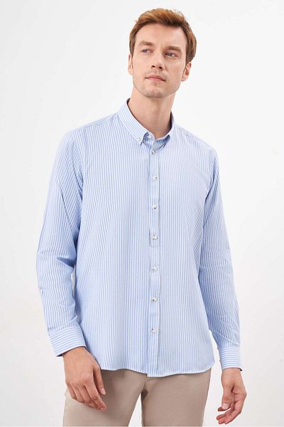 Morven Men's A. Blue Trend Striped Panel Buttoned Lapel Regular Fit Shirt