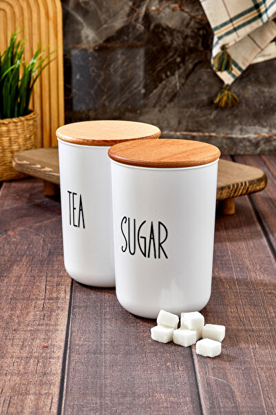 MODA OZY 2-Pack Wooden Vacuum Lid with Transfer Label Tea/Sugar Acrylic Jar 900ml